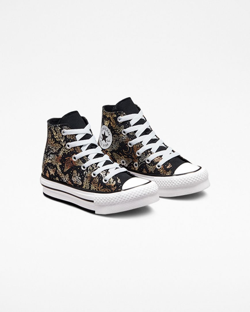 Dívčí Boty Na Platformy Converse Chuck Taylor All Star EVA Lift Butterfly Shine Vysoké Černé Zlaté Bílé | CZ MYZX79